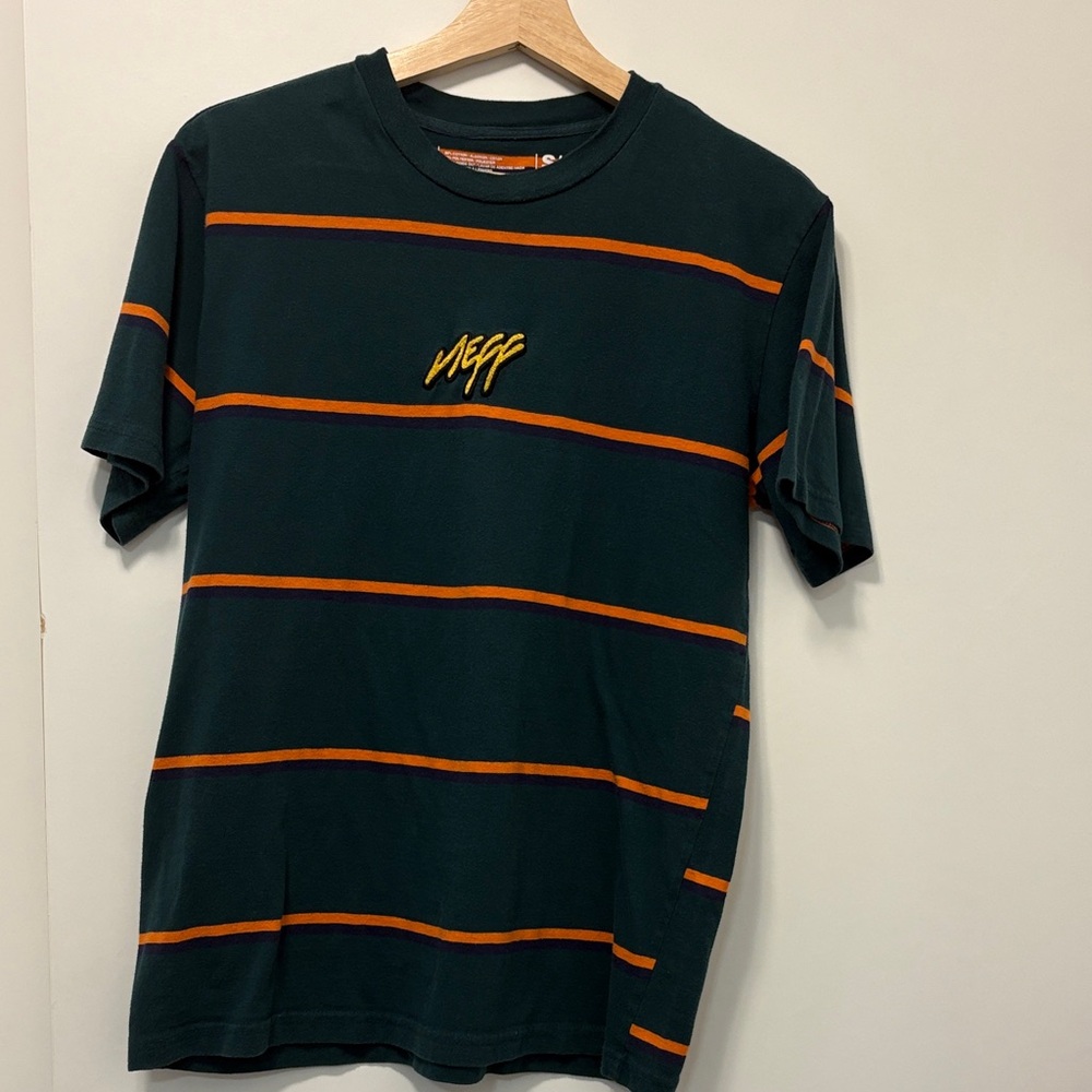 NEFF Men's Dark Green and Orange Striped T-Shirt